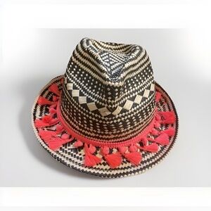 Express Black and White Woven Hat with Peach Tassels